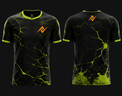 Front and back view of Toxic Surge Free Fire esports jersey featuring black and neon green energy crack graphics, round neck collar, and orange logo placement on chest and upper back neck.