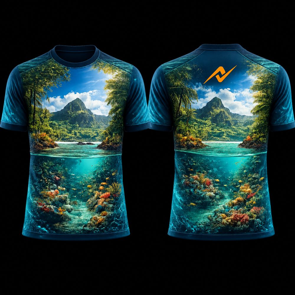 Front and back view of a Tropical Island Reef Sublimation Round Neck Sports Jersey featuring a lush island landscape above water and vibrant coral reef artwork below the surface.