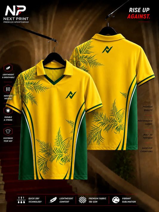 Yellow and green Tropical Palm Fusion polo sports jersey featuring palm leaf graphics, V-neck polo collar, and front and back views.