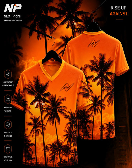 Orange tropical sunset palm tree sublimation V-neck sports jersey front and back mockup by Next Print