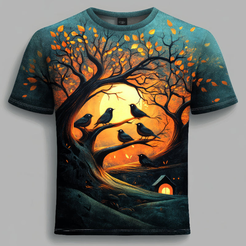 Next Print tshirt  featuring birds and a cozy tree scene