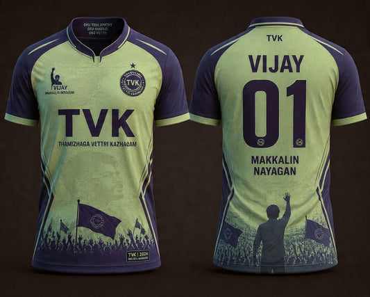 TVK Vijay jersey front and back view green black fan t shirt Makkalin Nayagan design