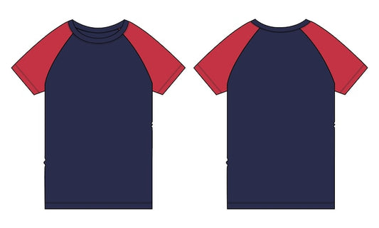 Next Print Two tone red and navy color raglan short sleeve t shirt vector illustration template