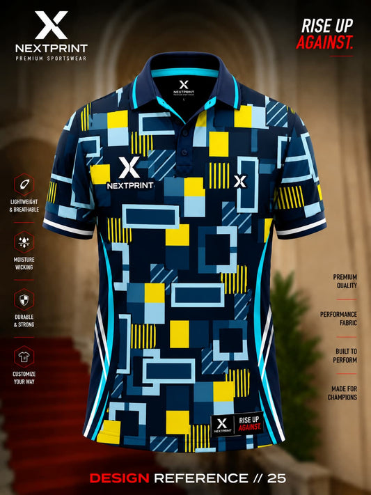 Premium navy blue polo cricket jersey with geometric block graphics in cyan, blue, and yellow on breathable dry-fit fabric.