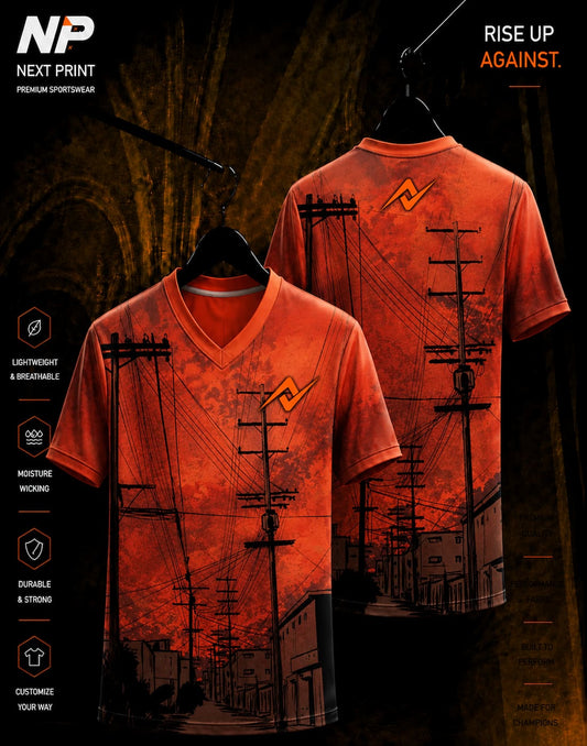 Urban Powerline Sunset red and black sublimation V-neck sports jersey with city street and electric pole design by Next Print