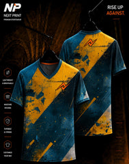 Urban Strike blue and yellow abstract sublimation V-neck sports jersey front and back by Next Print