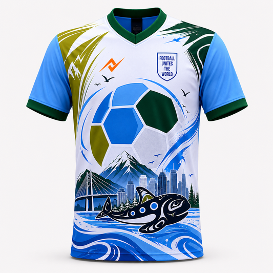 Vancouver Host City Football Jersey 2026 Front View with Vancouver Inspired Mountain Ocean Skyline Design and Premium Sublimation Print