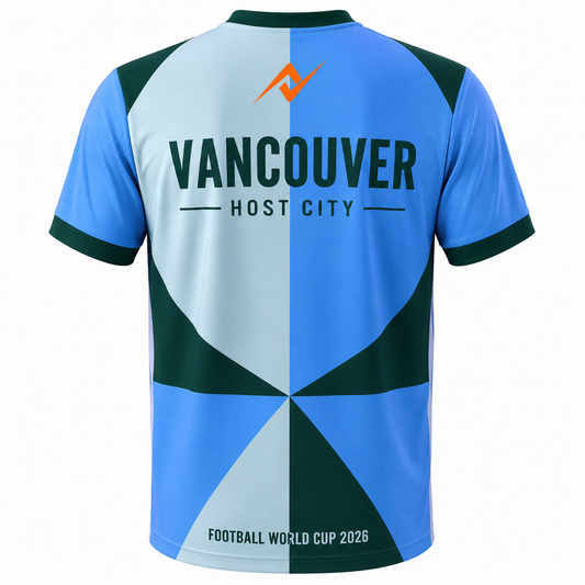 Vancouver Host City Jersey 2026 Limited Edition Football Jersey Front View Featuring Vancouver Skyline Mountain Coastal Artwork and Custom Brand Logo