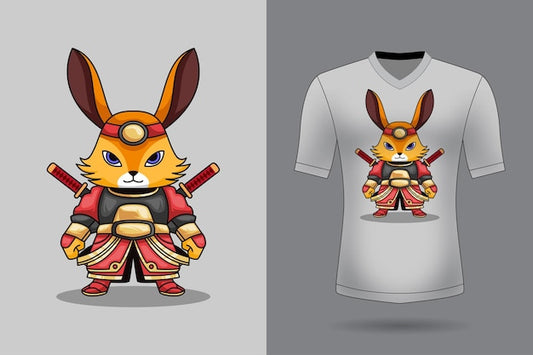 Next Print cute samurai rabbit holding sword katana cartoon animal nature icon concept isolated printed T-Shirt.