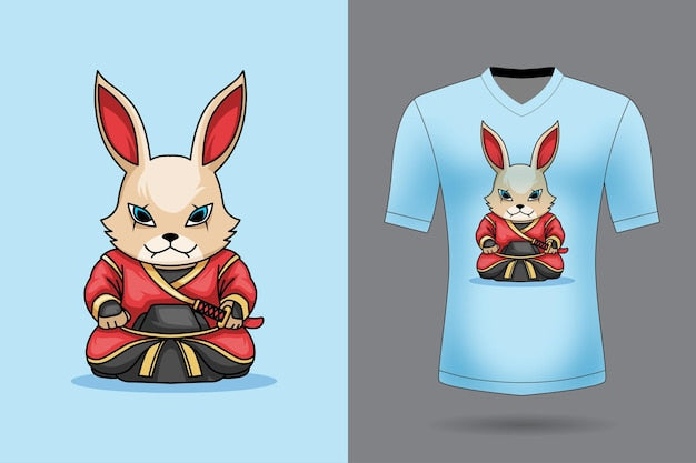 Next Print cute samurai rabbit holding sword katana cartoon animal nature icon concept printed T-Shirt.