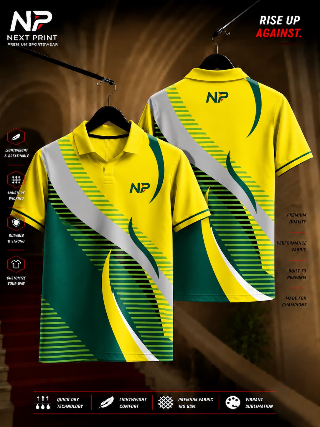 Velocity Curve Yellow Polo Sports Jersey featuring green curved stripe graphics and modern athletic design shown from front and back.