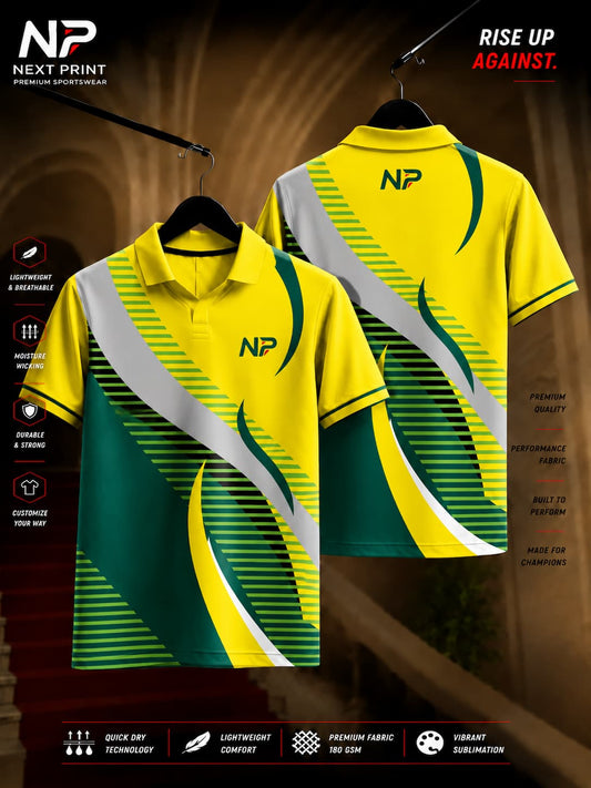 Velocity Curve Yellow Polo Sports Jersey featuring green curved stripe graphics and modern athletic design shown from front and back.