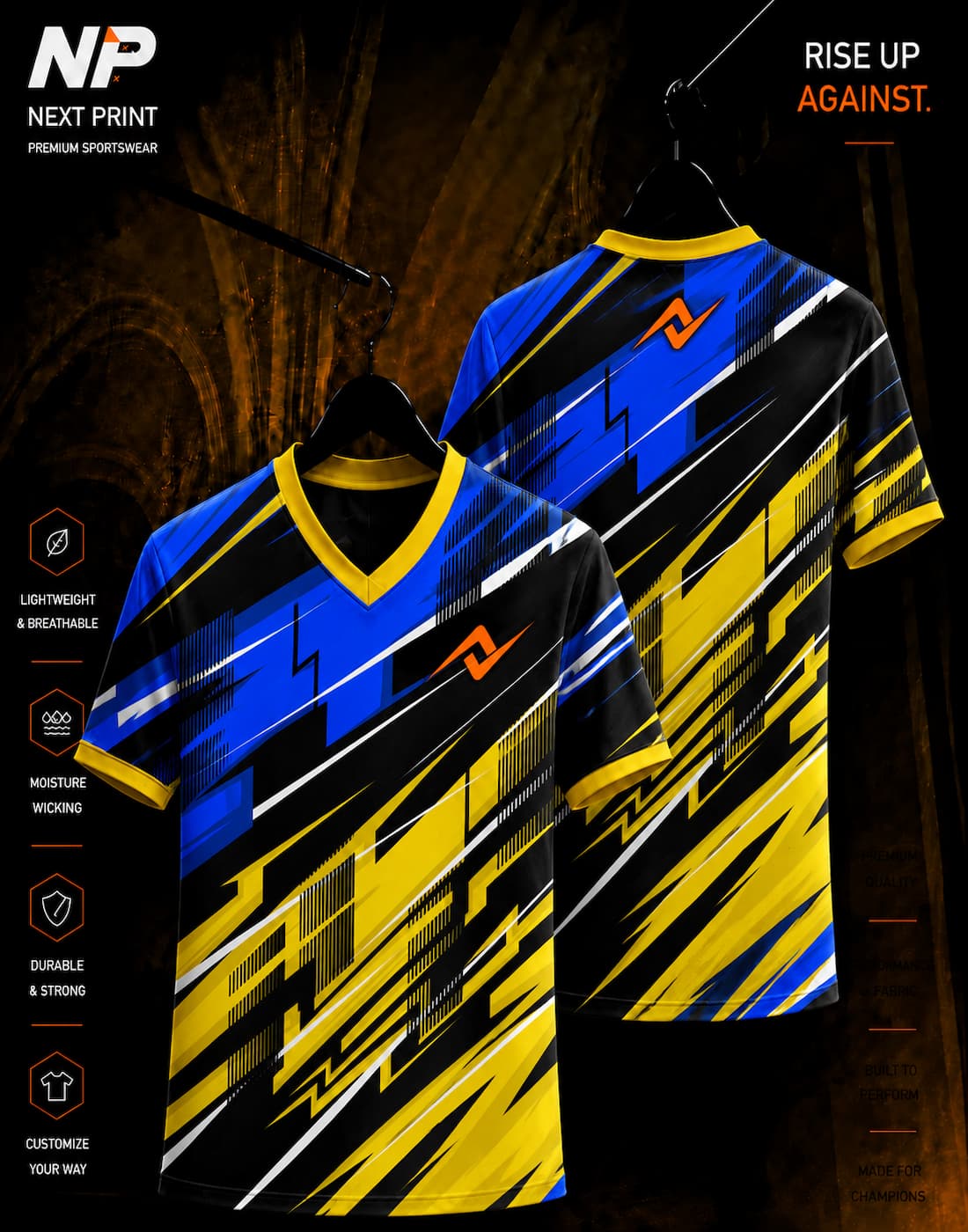 Velocity Strike blue yellow black geometric sublimation V-neck sports jersey front and back by Next Print
