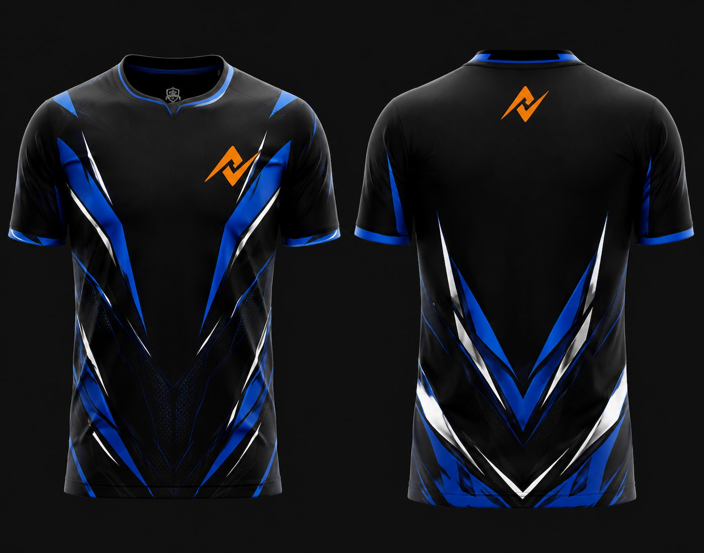 Front and back view of Velocity Strike Free Fire esports jersey featuring black, blue, and white angular graphics with round neck collar and orange logo placement on chest and upper back neck.