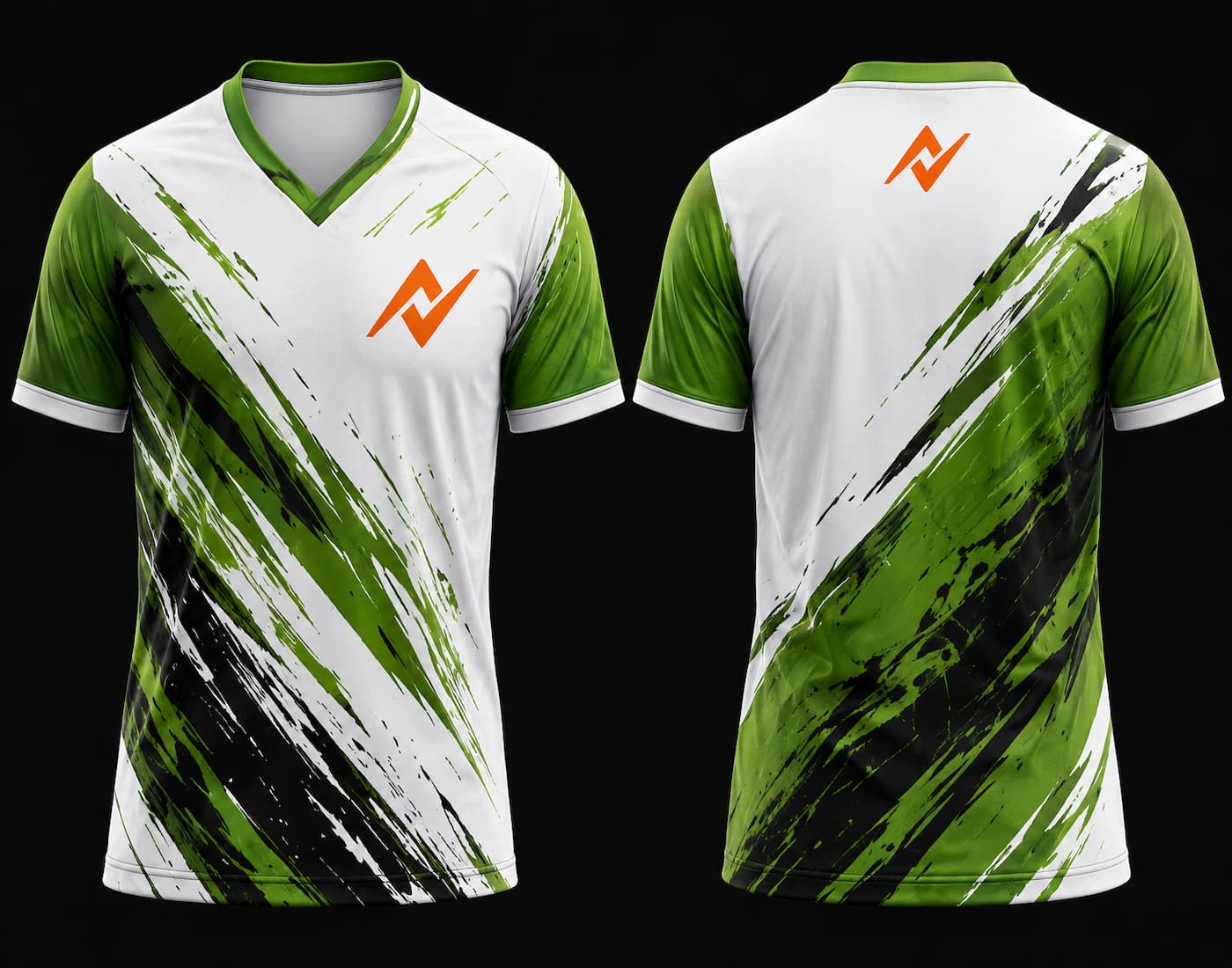 Front and back mockup of a white, green, and black V-neck esports jersey featuring dynamic brush-stroke graphics, orange chest logo, and back neck logo.