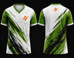 Front and back mockup of a white, green, and black V-neck esports jersey featuring dynamic brush-stroke graphics, orange chest logo, and back neck logo.