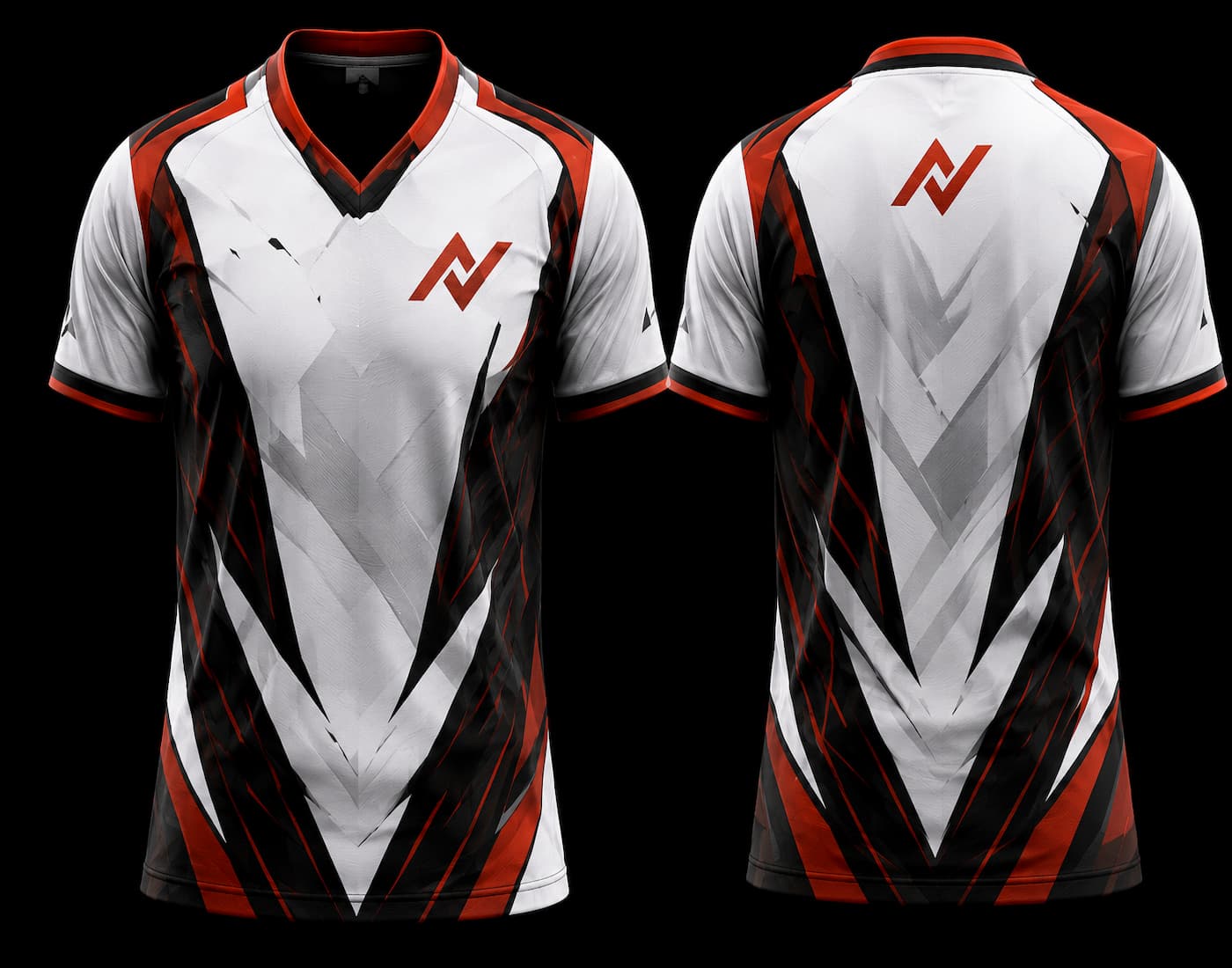 Front and back view of a white, black, and red esports jersey featuring a bold V-pattern design with customizable team logo placement.