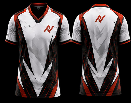 Front and back view of a white, black, and red esports jersey featuring a bold V-pattern design with customizable team logo placement.