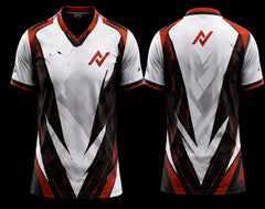 Front and back view of a white, black, and red esports jersey featuring a bold V-pattern design with customizable team logo placement.