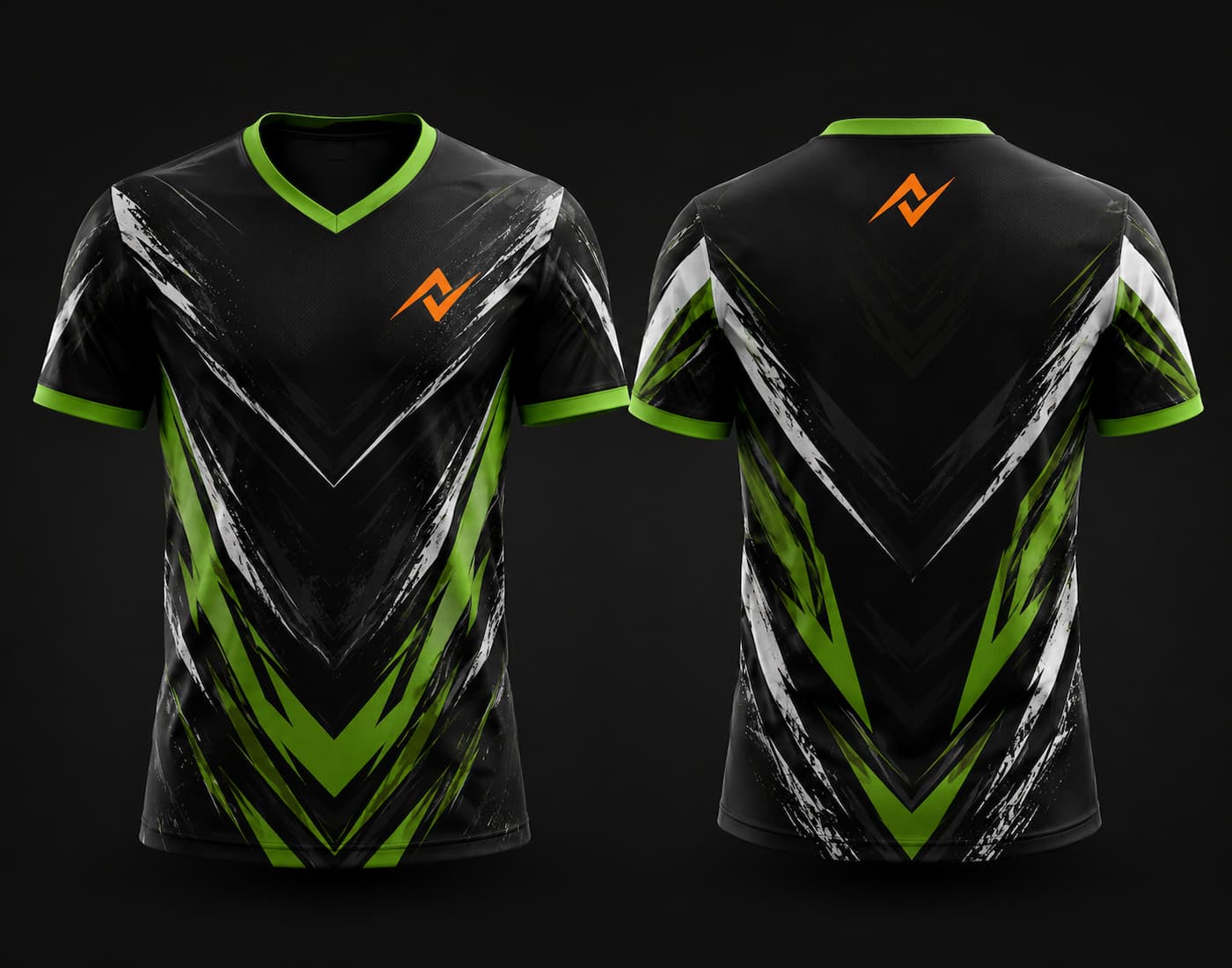 Front and back view of a black, white and neon green V-neck esports jersey featuring bold V-shaped graphics, orange chest logo and matching back neck logo.