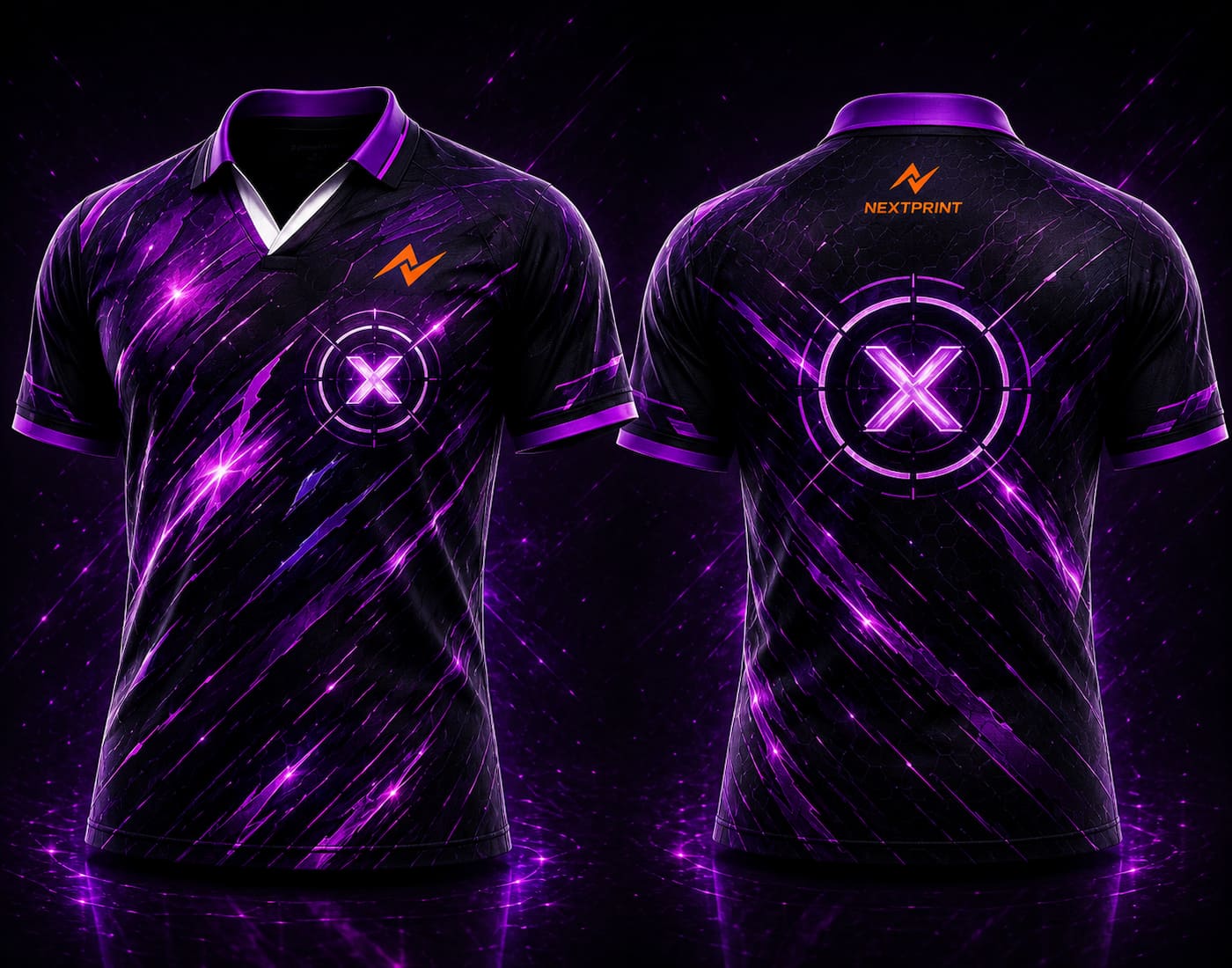 Front and back view of Velocity X black and neon purple V-neck esports polo jersey featuring glowing X Core graphics with side chest logo and back neck logo placement.