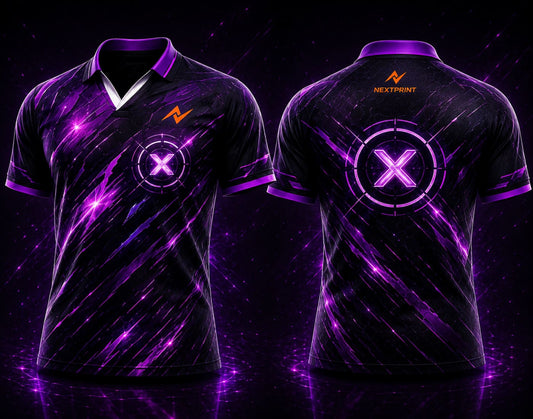 Front and back view of Velocity X black and neon purple V-neck esports polo jersey featuring glowing X Core graphics with side chest logo and back neck logo placement.