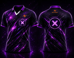 Front and back view of Velocity X black and neon purple V-neck esports polo jersey featuring glowing X Core graphics with side chest logo and back neck logo placement.