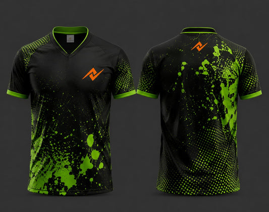 Front and back view of a black and neon green V-neck cricket jersey featuring paint-splash and halftone graphics with an orange chest logo and matching back neck logo.