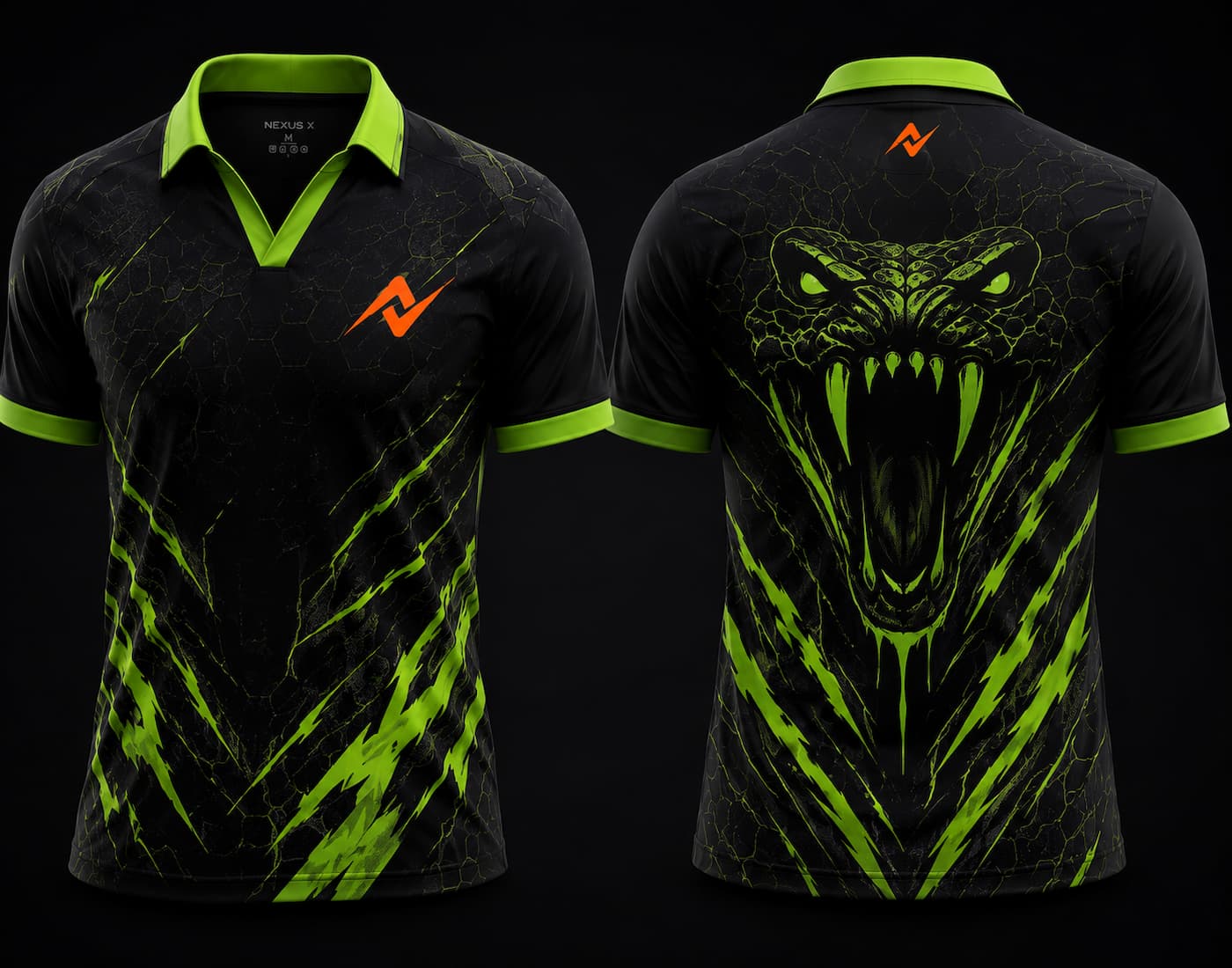 Front and back view of Venom Strike black and neon green V-neck esports polo jersey featuring serpent artwork with side chest logo and back neck logo placement.