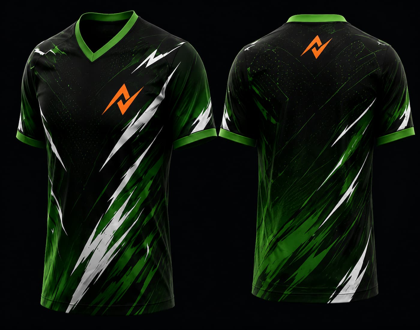 Front and back view of a black and neon green V-neck esports jersey featuring dynamic brushstroke graphics with an orange logo on the chest and upper back.