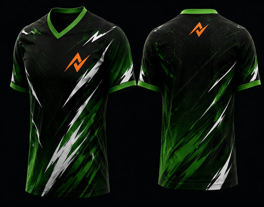 Front and back view of a black and neon green V-neck esports jersey featuring dynamic brushstroke graphics with an orange logo on the chest and upper back.