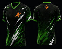 Front and back view of a black and neon green V-neck esports jersey featuring dynamic brushstroke graphics with an orange logo on the chest and upper back.