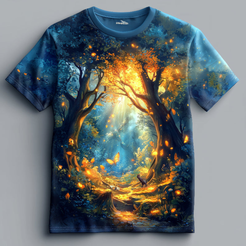 Next Print tshirt  featuring glowing trees and butterflies