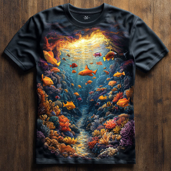 Next Print tshirt  featuring an underwater scene with colorful fish and coral reefs