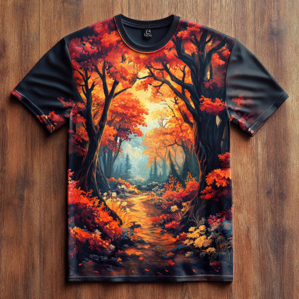 Next Print tshirt  featuring a scenic autumn forest landscape