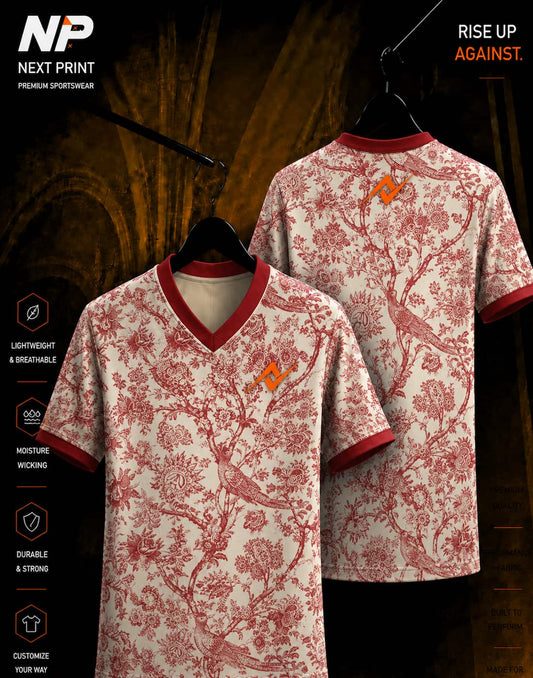 Vintage crimson toile floral and bird pattern V-neck sublimation sports jersey with custom Next Print logo on front and back.