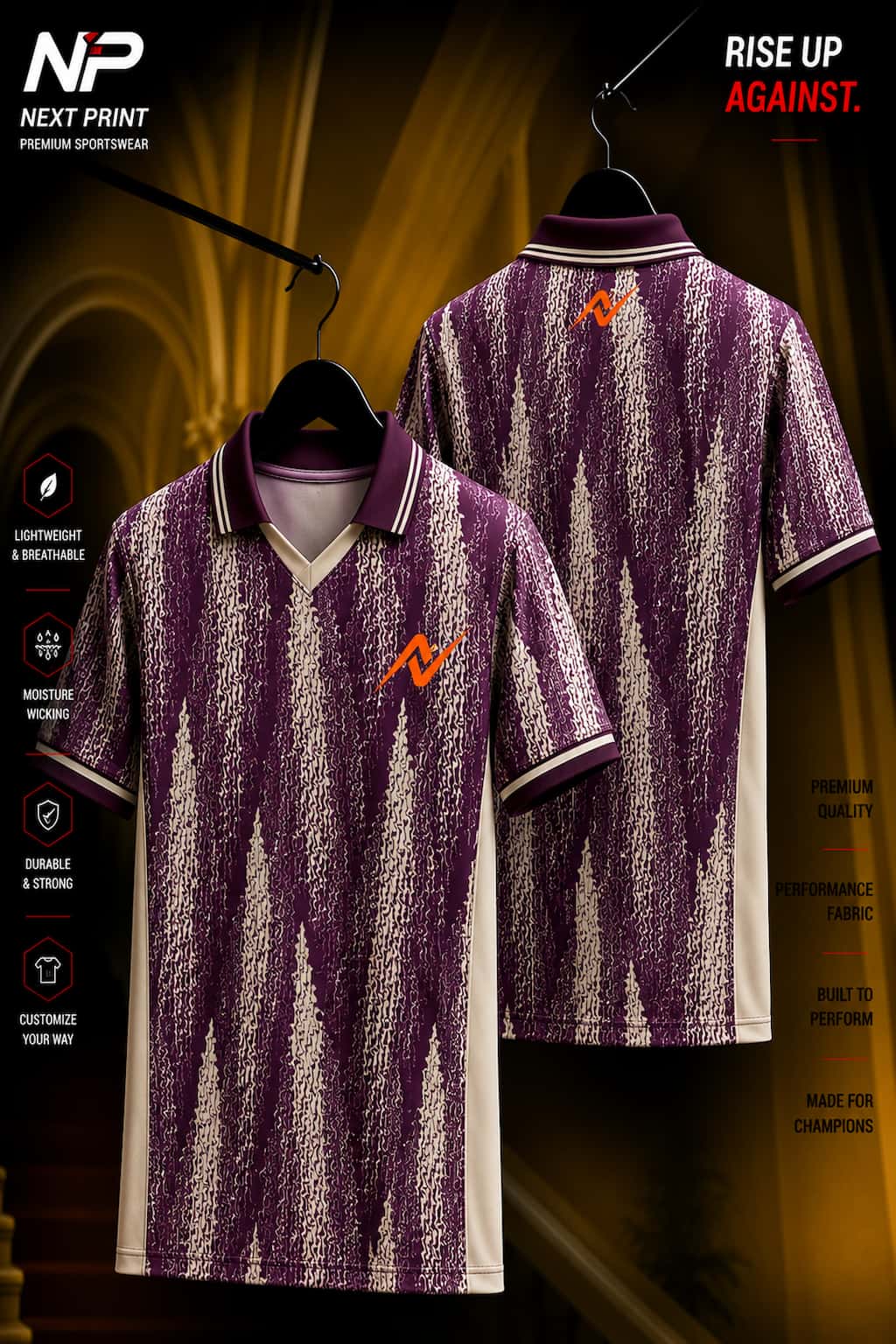 Front and back view of a vintage maroon textured polo sports jersey with ivory side panels and premium dry-fit fabric.