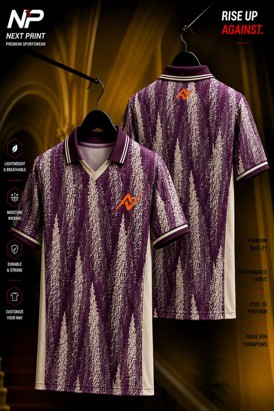 Front and back view of a vintage maroon textured polo sports jersey with ivory side panels and premium dry-fit fabric.