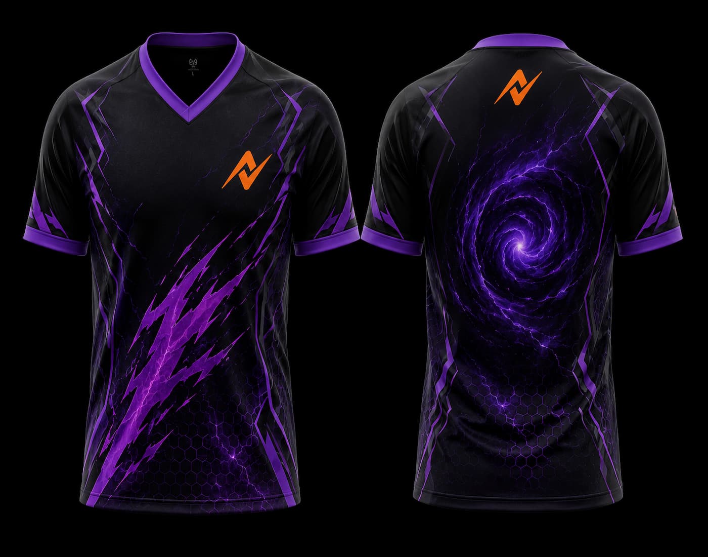 Front and back view of a black and purple V-neck esports jersey featuring lightning graphics, a cosmic vortex design on the back, and an orange team logo on the chest and upper back.