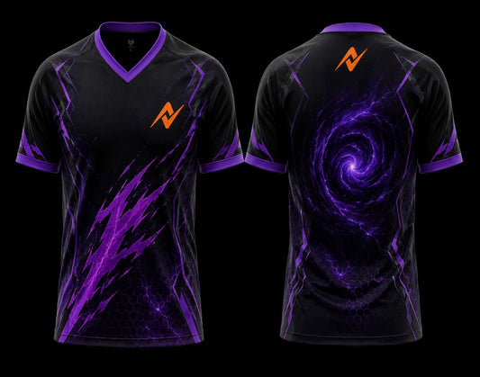 Front and back view of a black and purple V-neck esports jersey featuring lightning graphics, a cosmic vortex design on the back, and an orange team logo on the chest and upper back.