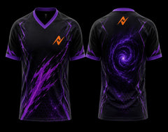 Front and back view of a black and purple V-neck esports jersey featuring lightning graphics, a cosmic vortex design on the back, and an orange team logo on the chest and upper back.