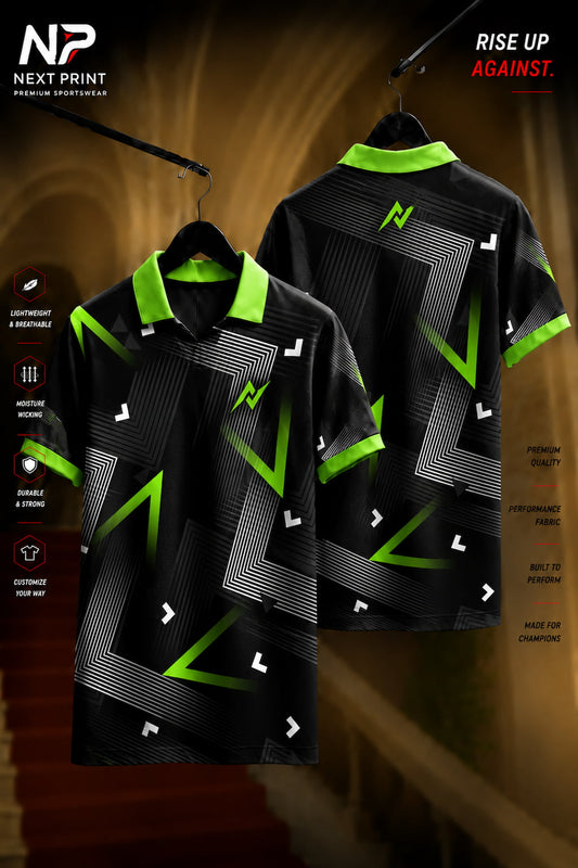 Black polo sports jersey with neon green and white geometric graphics shown in front and back views, made from premium dry-fit performance fabric.