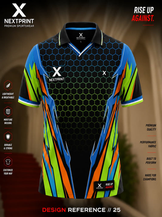 Front view of a black performance polo jersey featuring electric blue, neon green, and orange geometric graphics with a hexagonal honeycomb pattern.