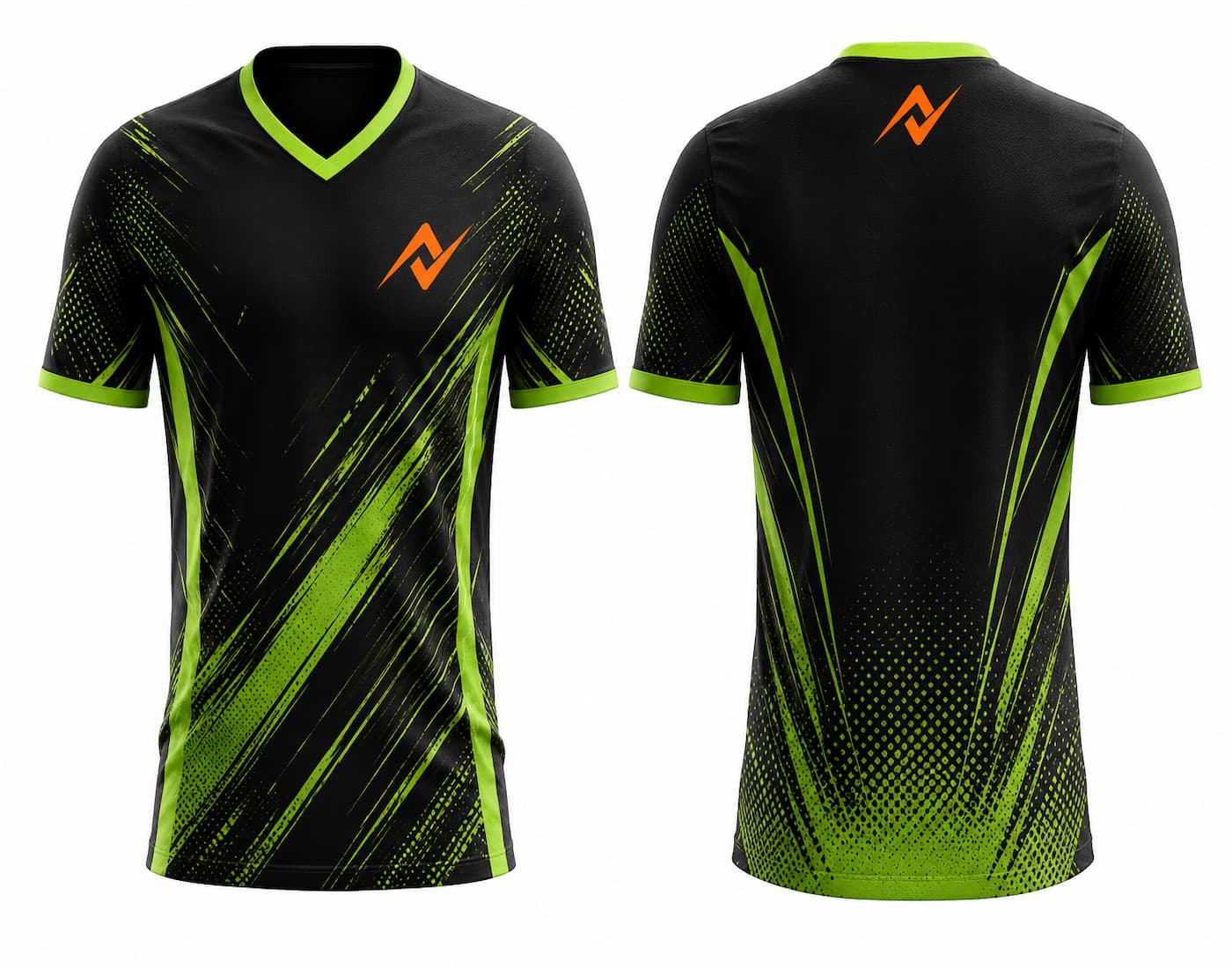 Black and neon green V-neck esports jersey front and back featuring dynamic streak graphics with chest logo and back neck logo.