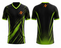 Black and neon green V-neck esports jersey front and back featuring dynamic streak graphics with chest logo and back neck logo.