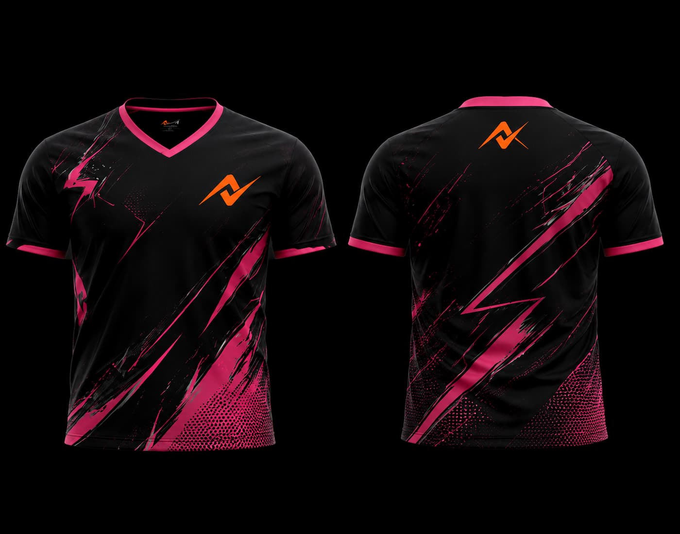 Front and back view of a black and pink V-neck esports gaming jersey featuring bold lightning graphics and an orange logo on the chest and upper back.