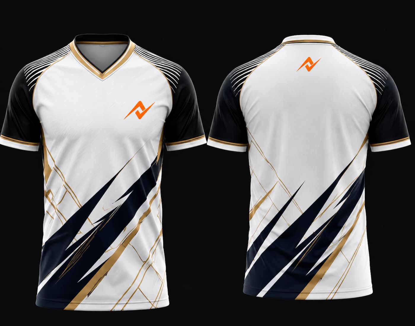 White and black gold V-neck cricket jersey front and back mockup with orange chest logo and upper back logo.