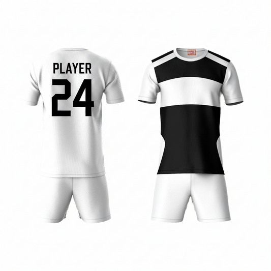 White black horizontal stripe activewear t-shirt with white shorts back view
