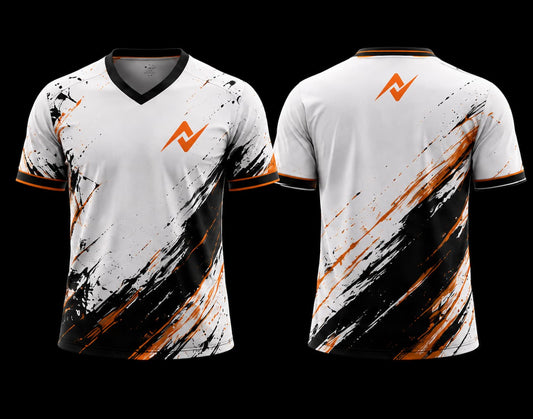 Front and back view of a white V-neck esports jersey featuring black and orange paint splash graphics with an orange logo on the left chest and upper back.