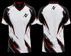 White and black V-neck esports jersey featuring bold black and red strike graphics with premium front and back sublimation gaming jersey design.